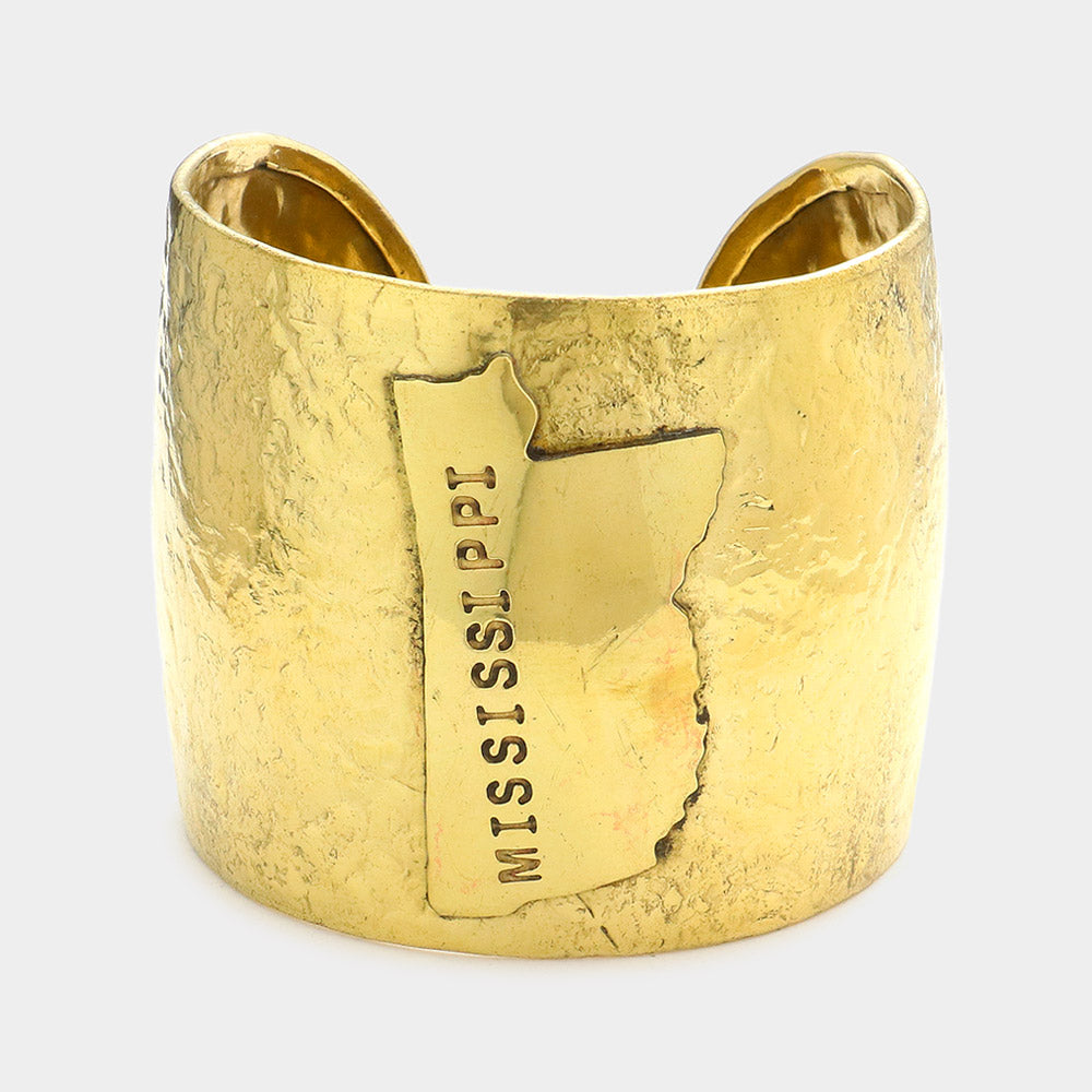 Madeline Love Gold Mississippi State Map Hammered Wide Metal Cuff Bracelet - Bracelets
