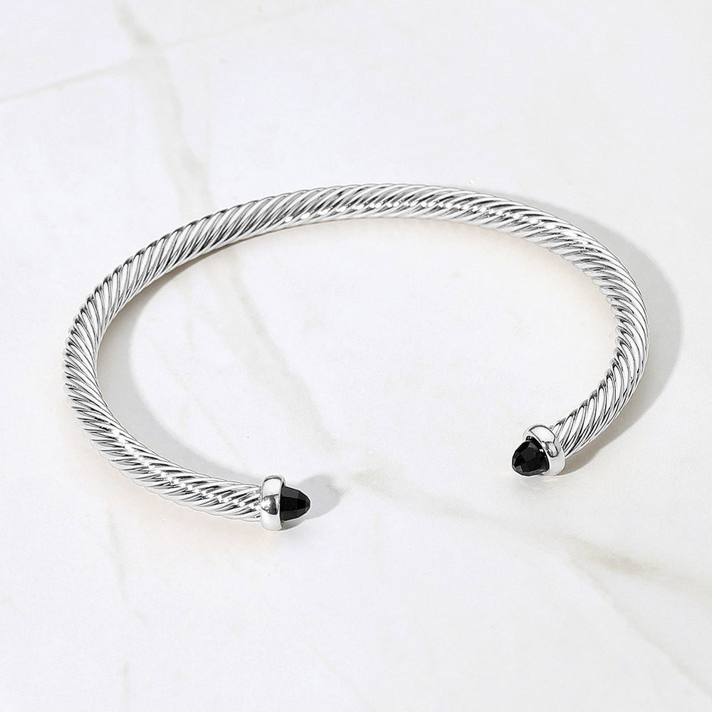 Madeline Love Black, Rhodium Stone Tip Twisted Cable Cuff Bracelet - Jewelry