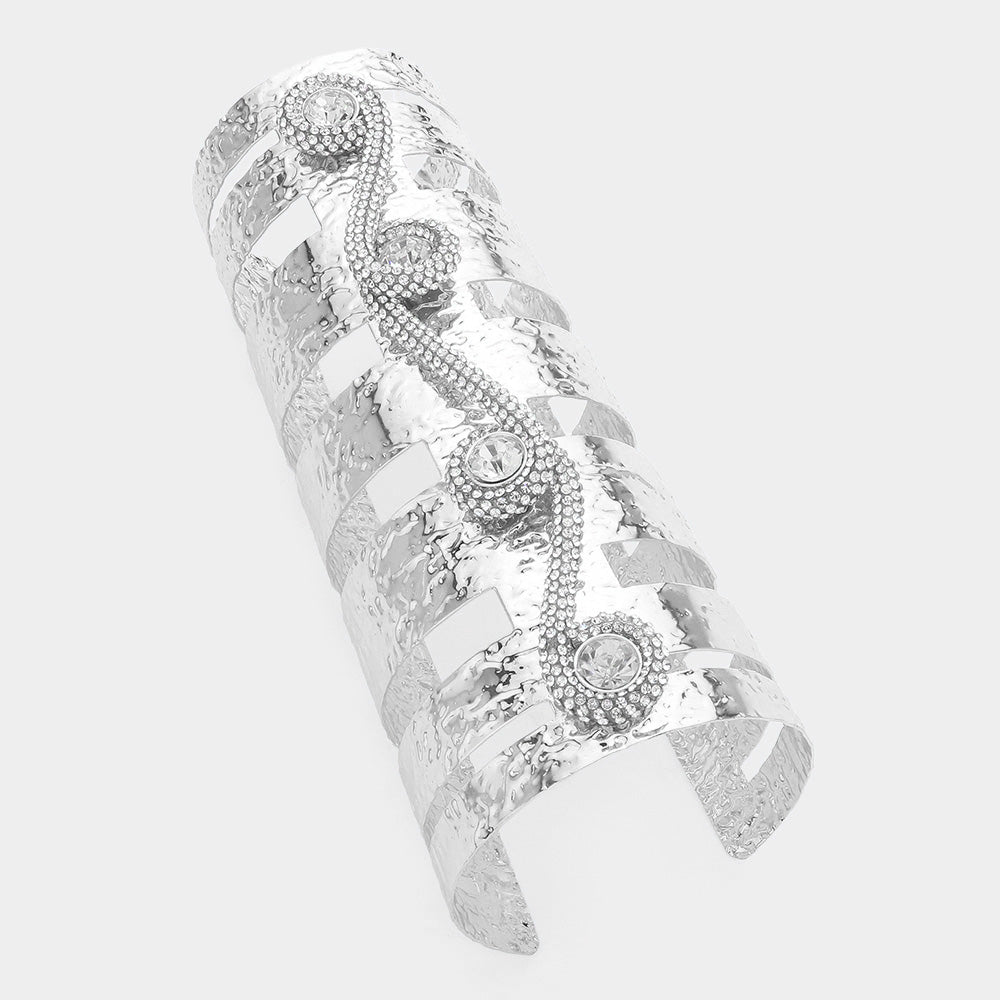 Madeline Love Rhodium Round Stone Cluster Rhinestone Paved Abstract Piece Pointed Arm Cuff Bracelet - Body Jewelry