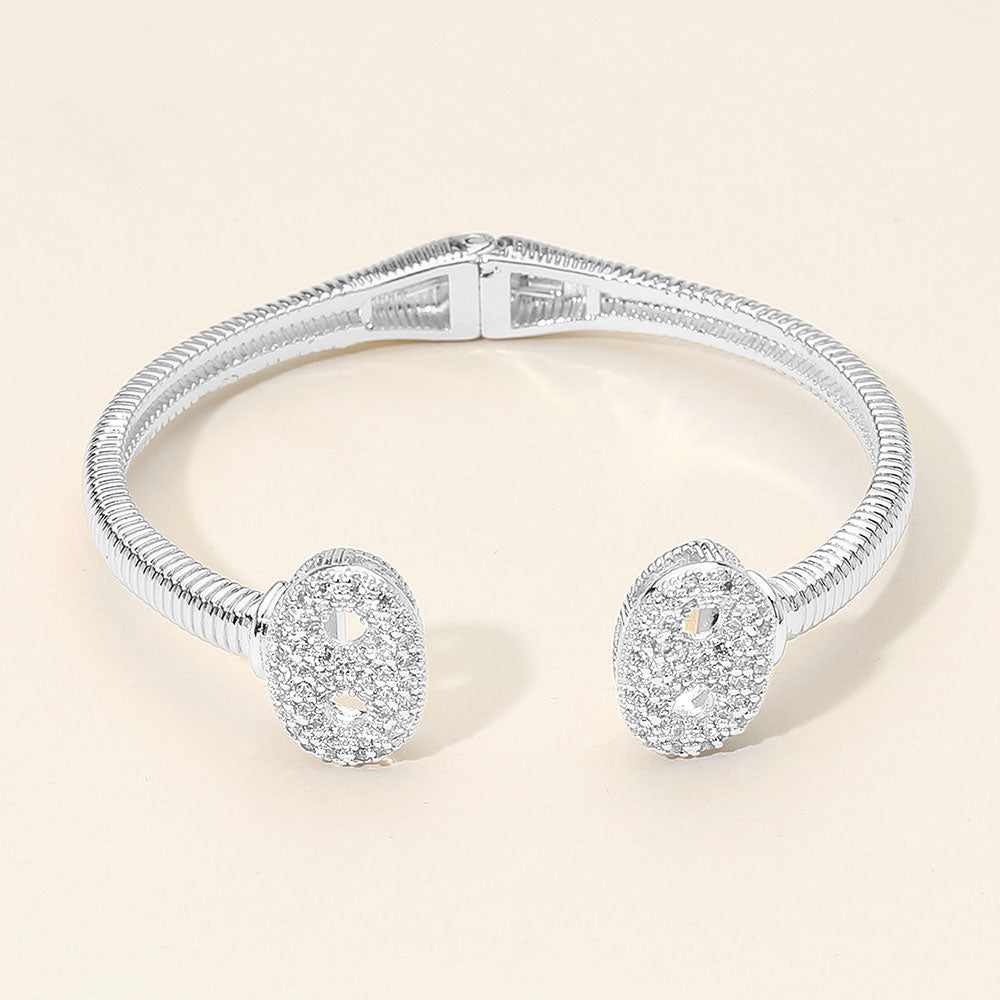 Madeline Love Rhodium 14K Gold Plated CZ Stone Paved Mariner Link Tip Hinged Bangle Bracelet