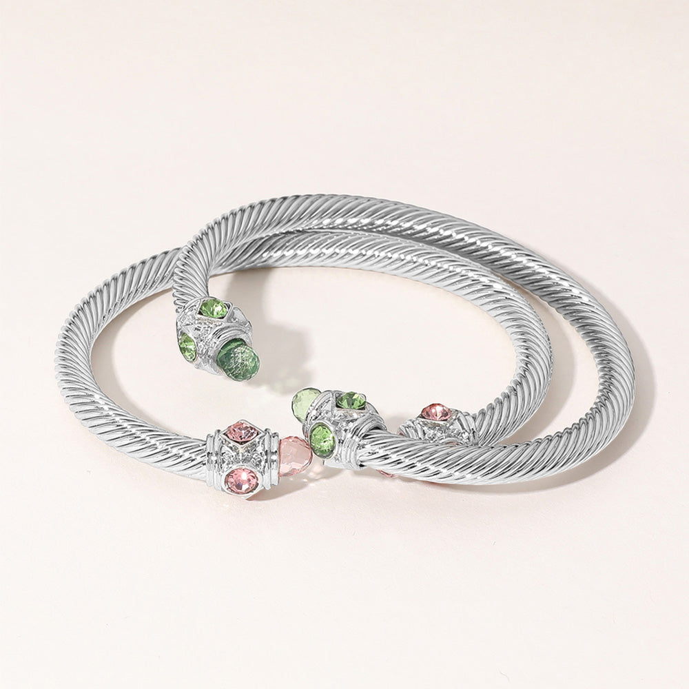 Madeline Love Green, Pink, Pink&Green, Rhodium 2PCS - Stone Tip Twisted Cuff Bracelet - Jewelry