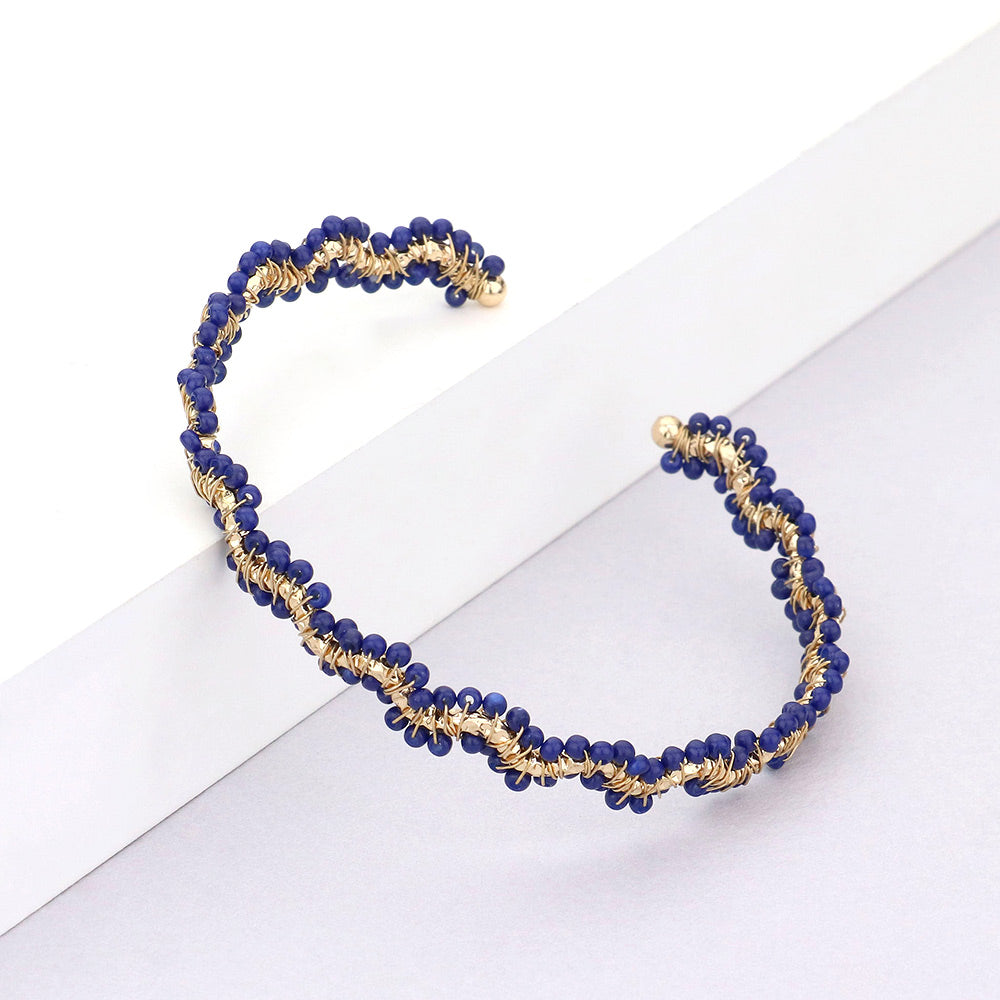 Madeline Love Gold, Navy Wrapped Seed Beaded Cuff Bracelet