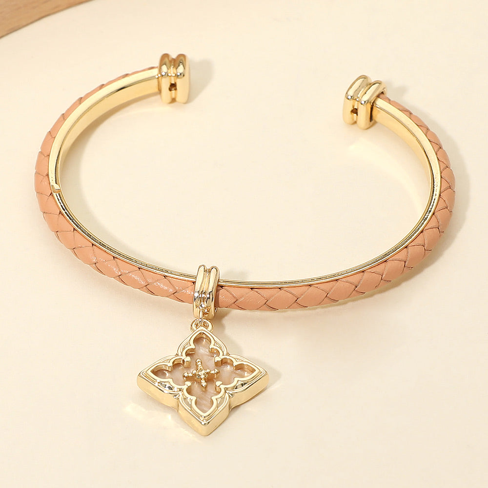Madeline Love Champagne, Gold Floral Charm Accent Faux Leather Braided Cuff Bracelet - Bracelets