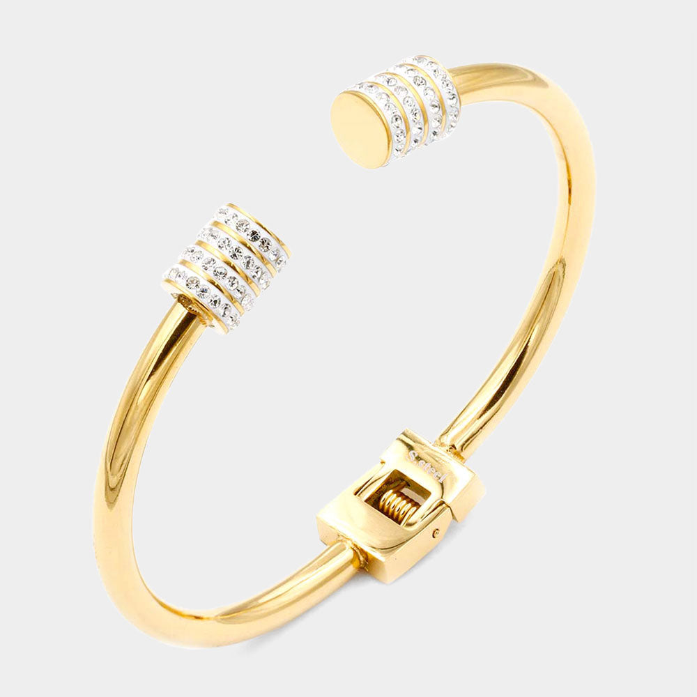 Madeline Love Gold Rhinestone Embellished Tip Stainless Steel Cuff Evening Bracelet - Bracelets