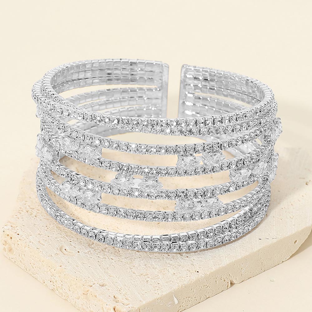 Madeline Love Clear, Silver Wide CZ Multi-Row Adjustable Evening Cuff Bracelet