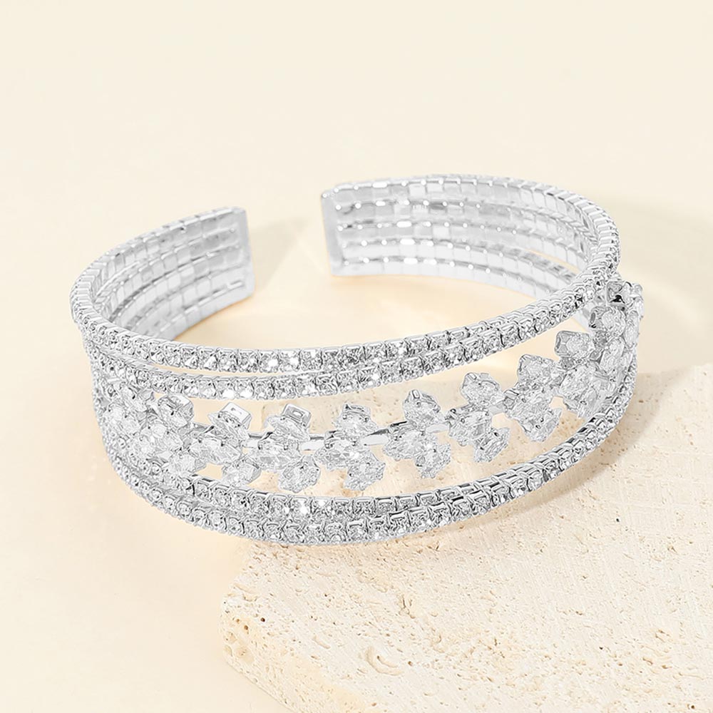 Madeline Love Clear, Silver CZ Marquise Cluster Center Split Adjustable Evening Cuff Bracelet