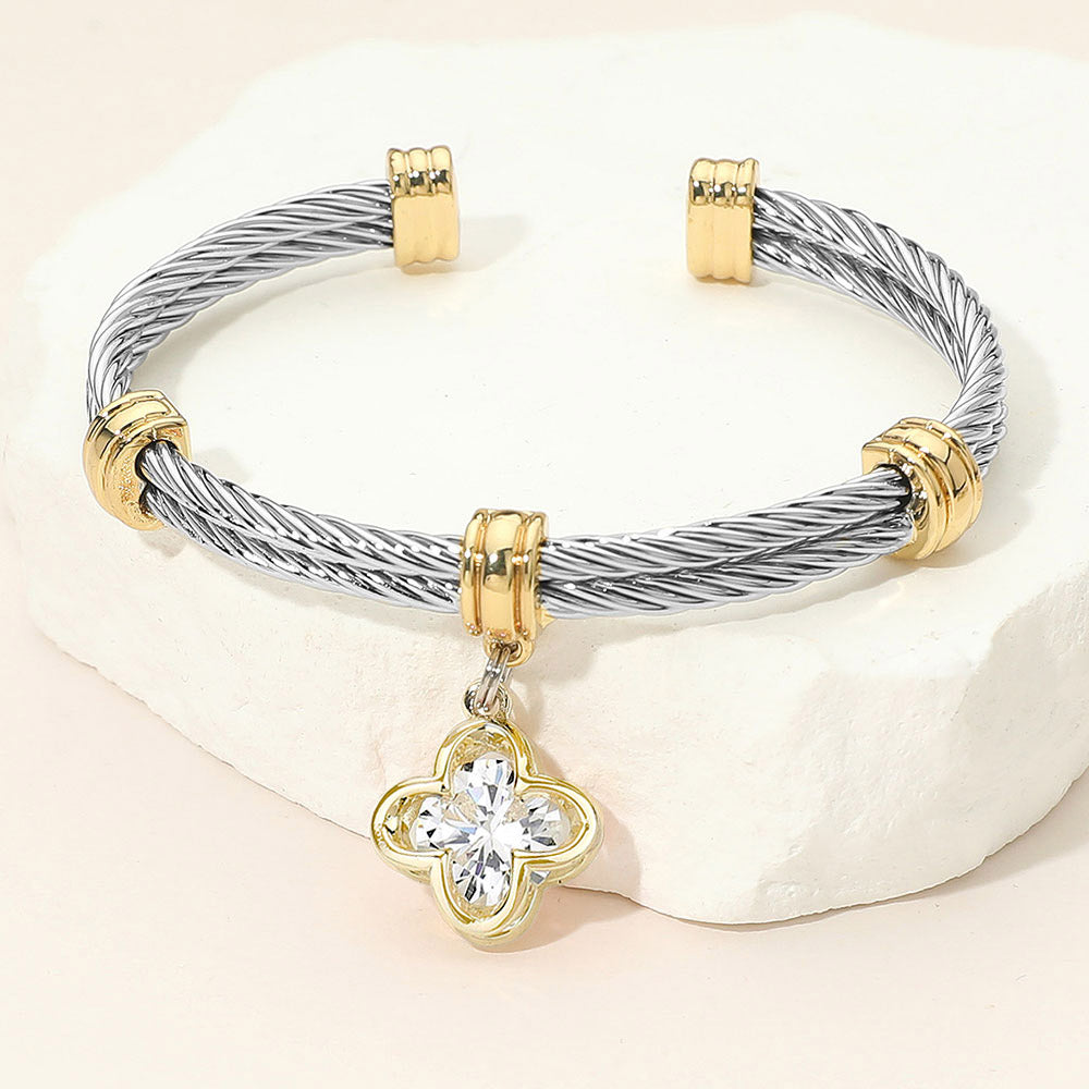 Madeline Love Clear, Two Tone CZ Stone Quatrefoil Charm Dangle Cuff Bracelet - Jewelry