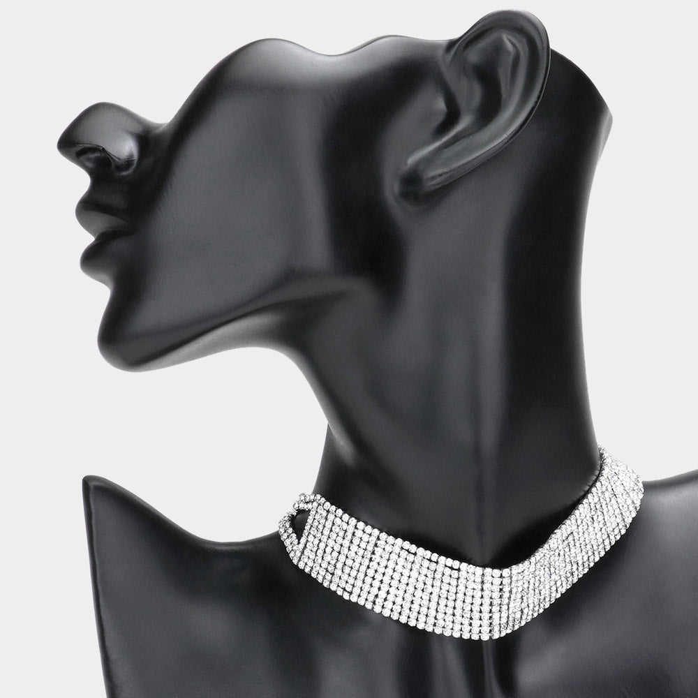 Madeline Love Clear, Silver Embellished Rhinestone Choker Necklace - Necklaces