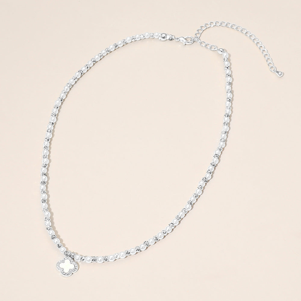 Madeline Love Cream, Rhodium Mother of Pearl Quatrefoil Charm Pendant Accent Beaded Choker Necklace - Necklaces - desc
