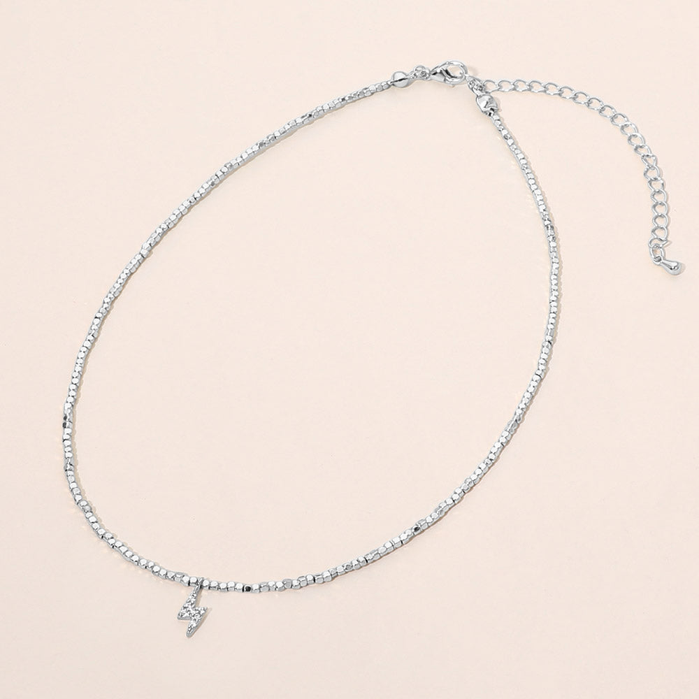 Madeline Love Clear, Rhodium Dainty CZ Pave Lightning Pendant Beaded Choker Necklace