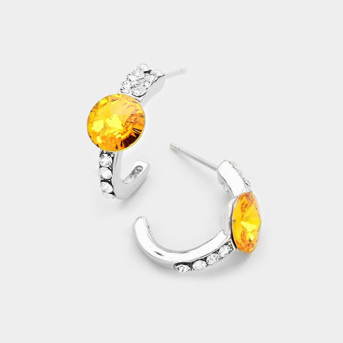 Silver, Yellow Round Cut Genuine Crystal Half Hoop Earrings