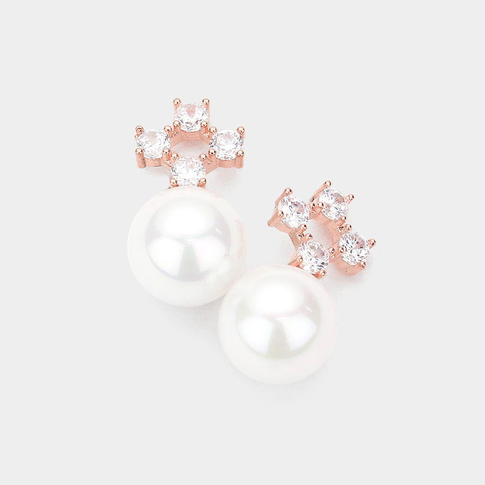 Rose Gold Crystal Cubic Zirconia Pearl Earrings