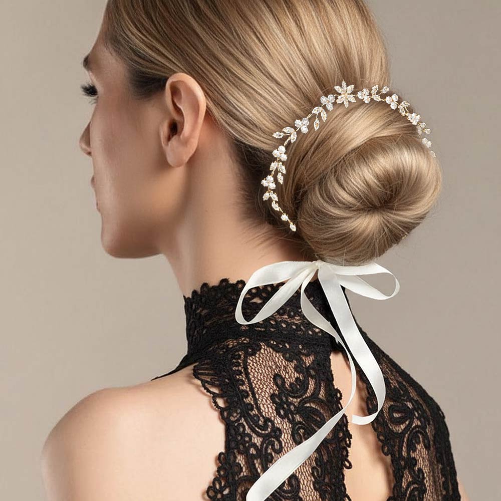 Madeline Love Clear, Gold CZ Leaf Cluster Vine Bun Wrap Headpiece - Hair Accessories