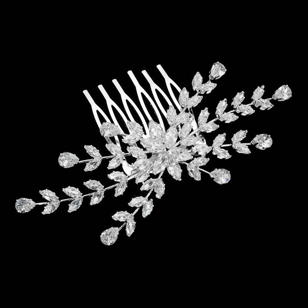 Madeline Love Clear, Silver Marquise Teardrop CZ Cluster Floral Branch Hair Comb - Hair Accessories - desc
