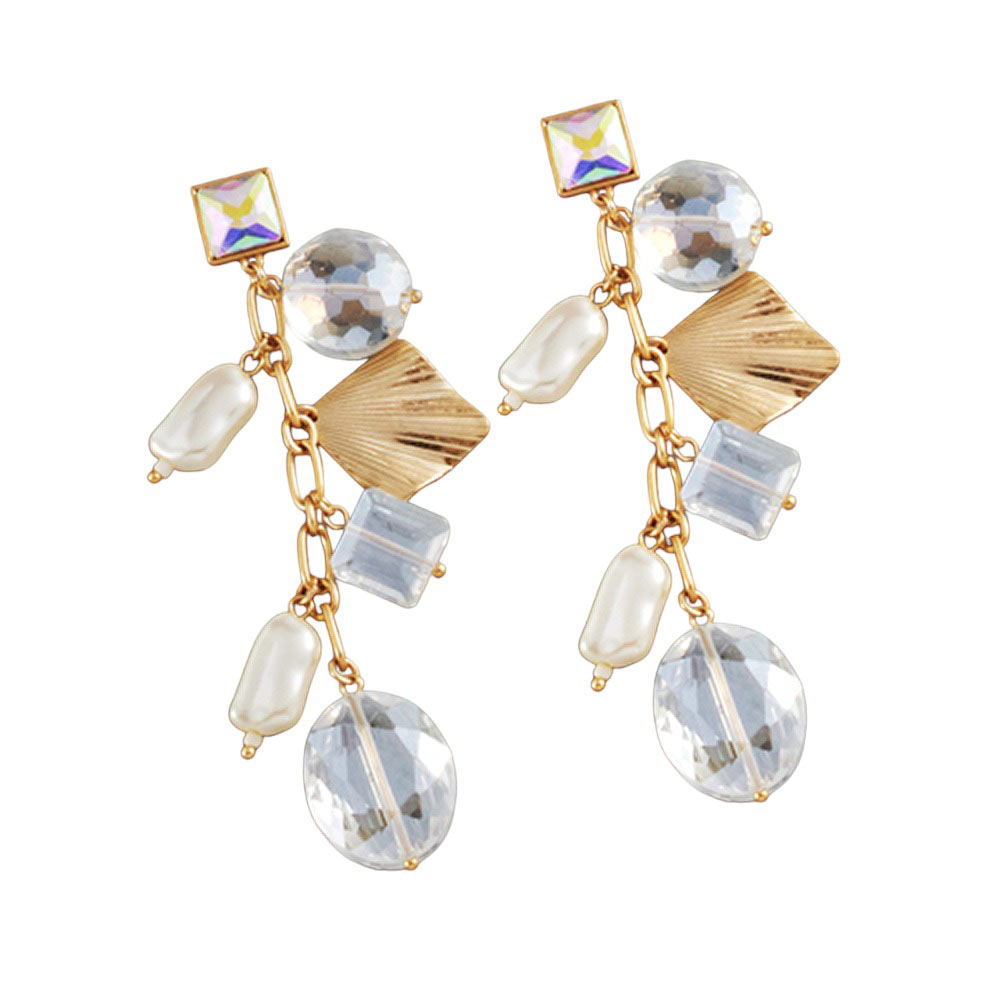 Clear Pearl Geometric Bead Link Dangle Earrings, make a perfect gift for someone special. Crafted with pearl geometric beads and lead-nickel compliant material links, these earrings are sure to elevate any look. Give the timeless gift of elegance with these beautiful earrings.