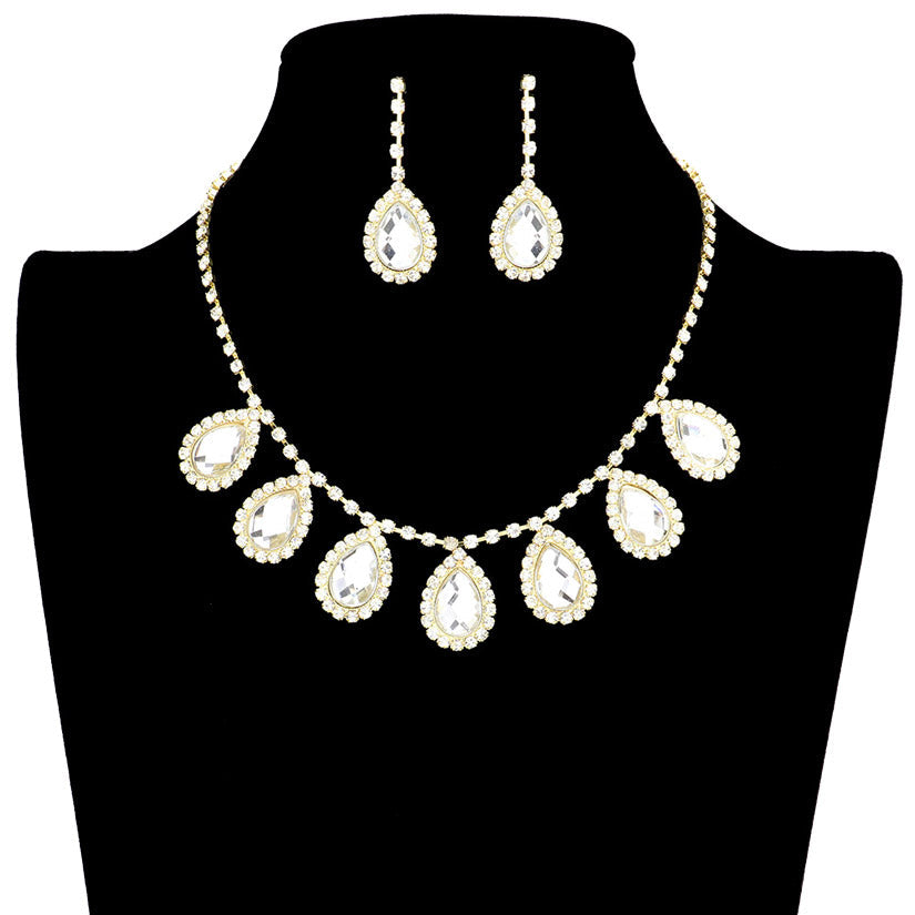 Crystal Rhinestone Teardrop Station Necklace Earring Set timeless design combines timelessness with dazzling sparkle for a sophisticated, tasteful piece that will make a lasting impression. Awesome gift for Birthdays, Anniversaries, Christmas, Prom, Quincenera, Cumpleanos, Navidad, or any special occasion formal event