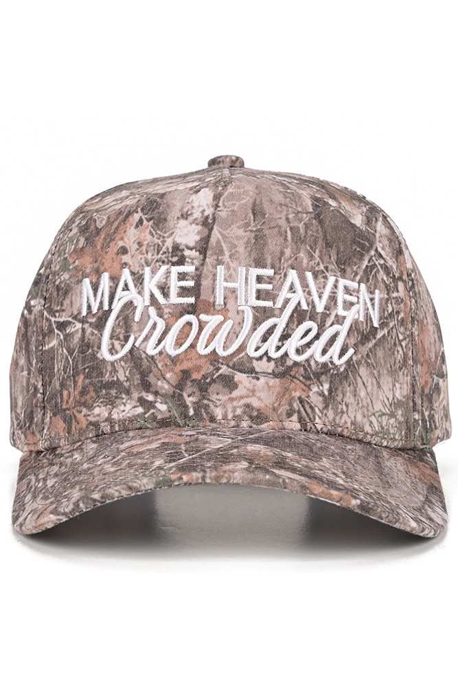 Classic trucker hat featuring bold "MAKE HEAVEN CROWDED" letter embroidery across the front. Structured six-panel design with a curved bill and mesh back panels for breathability. Adjustable snapback closure ensures a comfortable fit for most head sizes. Perfect for casual everyday wear or making a statement with its inspirational message. Durable construction built to last through seasons of style.