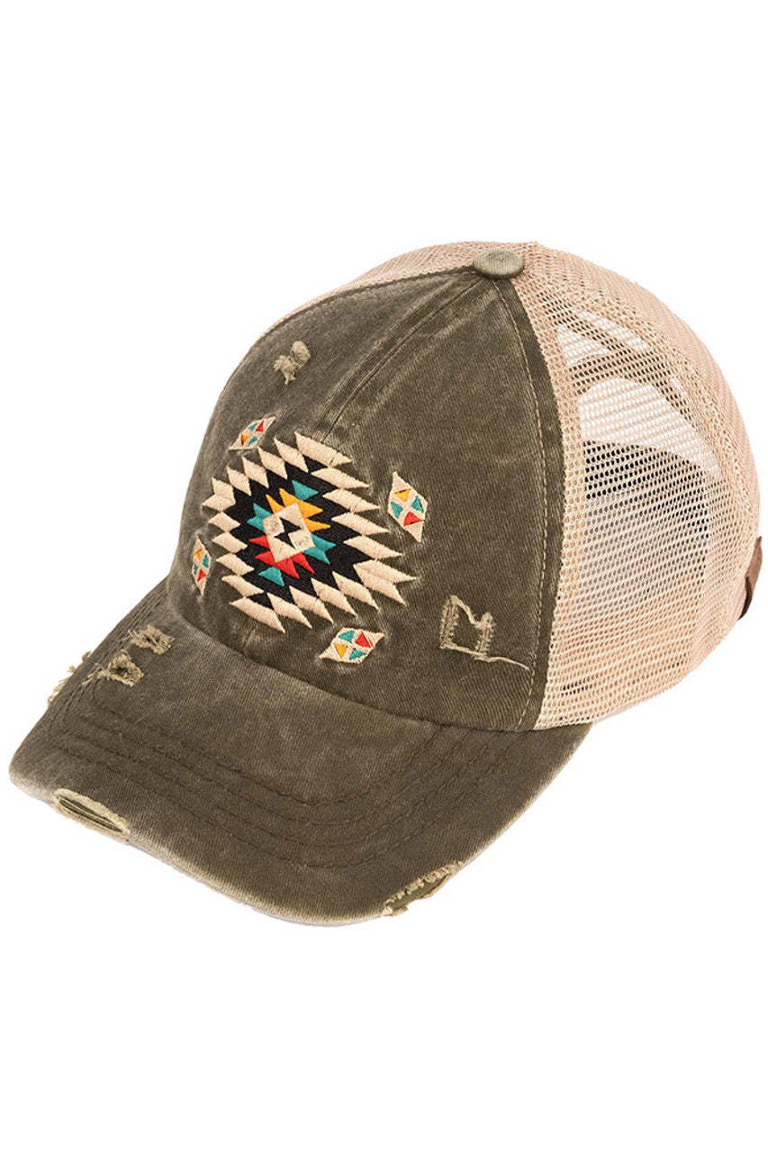 Dark Olive C.C AZTEC PATCH DISTRESSED PONY CAP is a stylish and versatile accessory that combines functionality with fashion. Made of high-quality materials, it features an eye-catching aztec patch design and a distressed finish for a trendy look. Stay protected from the sun and add a touch of personality to your outfit with this must-have cap.