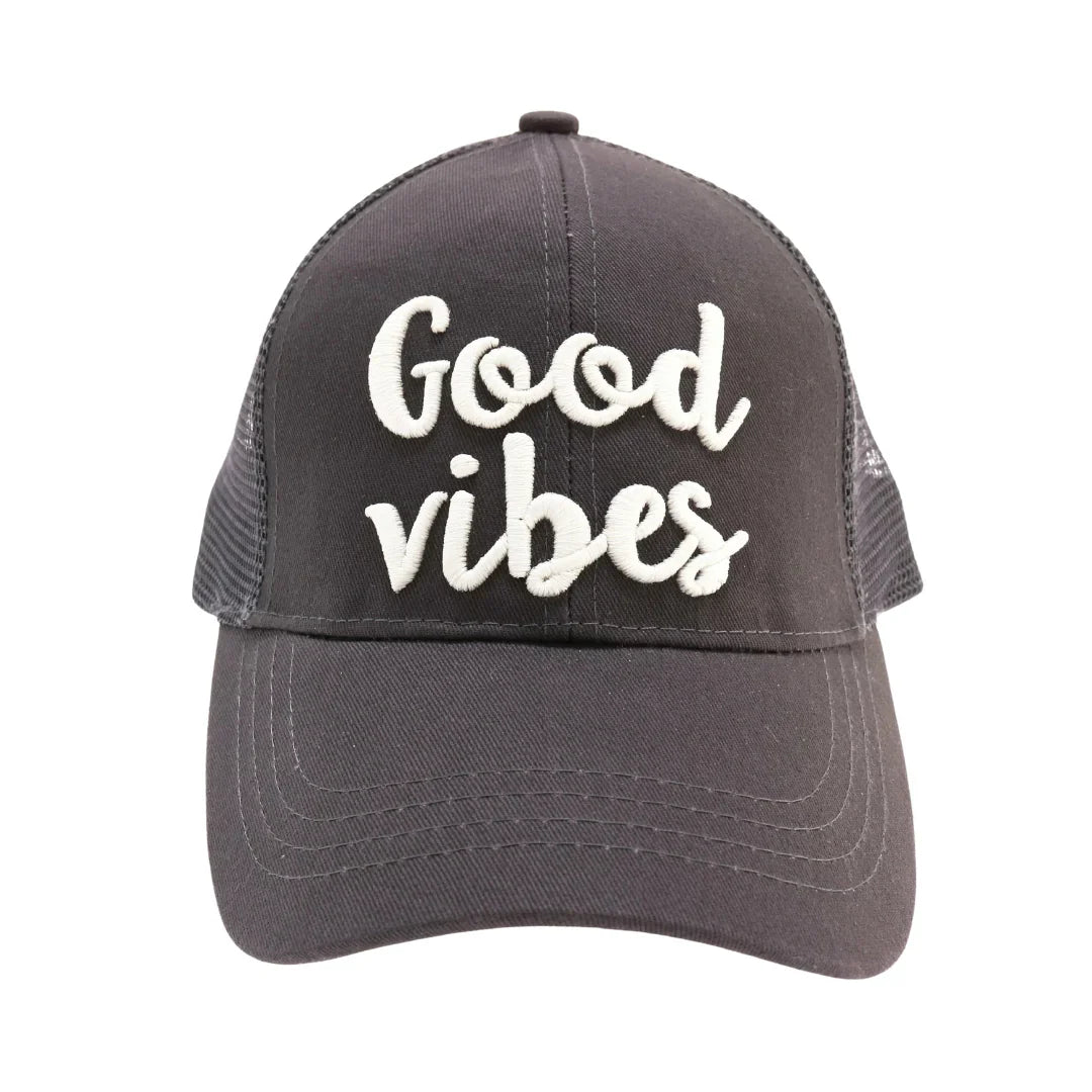Good Vibes Embroidered Mesh Back High Ponytail CC Ball Cap combines style and functionality with its breathable mesh back and convenient high ponytail opening. Expertly crafted, this cap offers comfort and ventilation, making it ideal for active lifestyles. The embroidered "Good Vibes" detail adds a subtle, uplifting touch to your everyday look. Perfect for those seeking both practicality and a positive statement in their headwear.