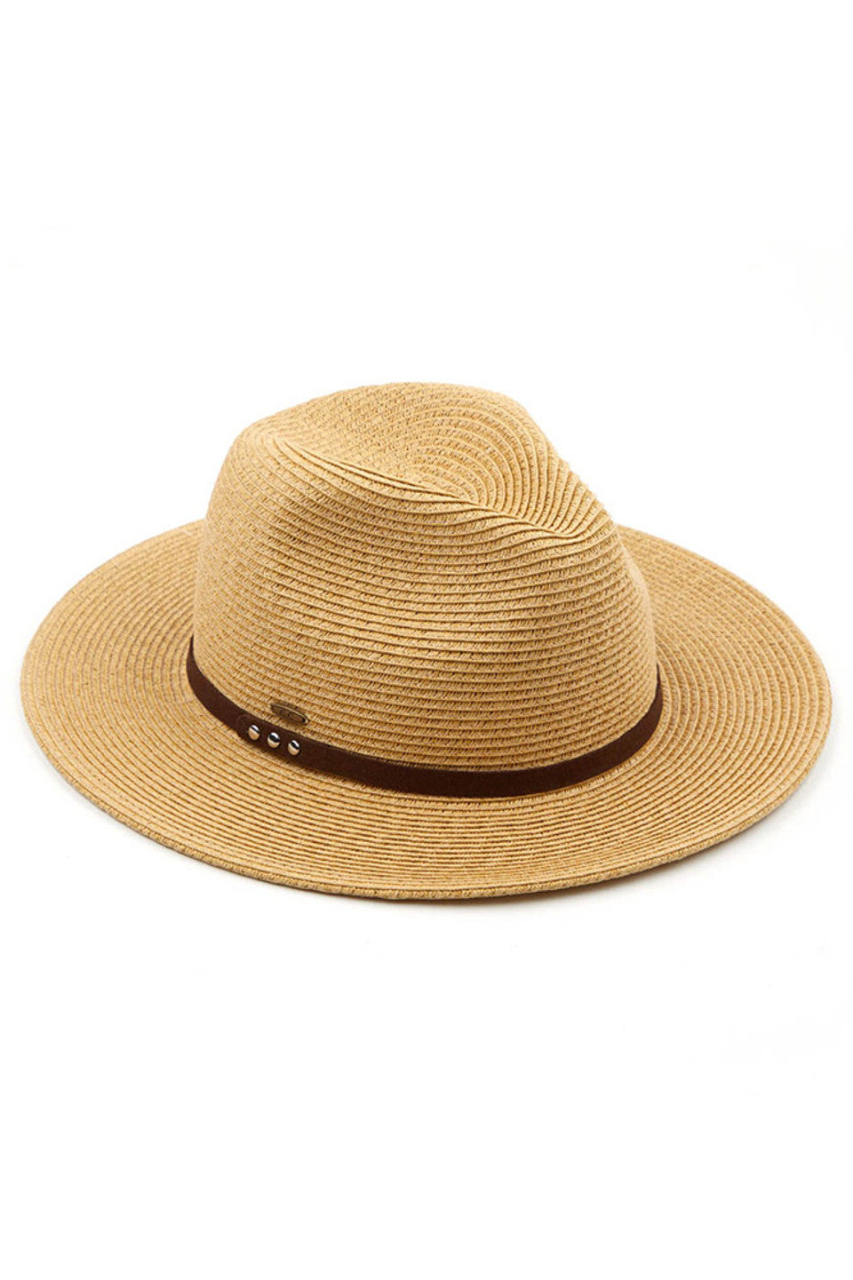 Dark Natural Brown C.C Suede Band Trim Panama Sun Hat offers both style and functionality. Its suede band trim adds a touch of elegance, while its panama design protects you from the sun's harmful rays. Made with high-quality materials, this hat is a must-have for your sunny adventures.