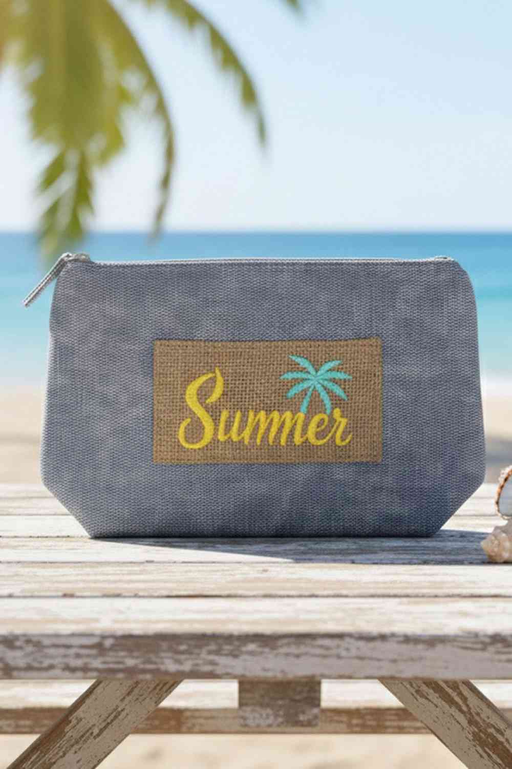Denim Carry your essentials in style with this charming vintage cosmetic pouch. Featuring a playful SUMMER letter and palm tree patch design, it's the perfect accessory for beach trips or everyday touch-ups. Crafted from a durable blend of 80% polyester and 20% burlap for a textured, retro aesthetic, this pouch measures 9.5" x 6" x 2.5" with a secure zipper closure. Compact yet spacious enough for makeup, skincare, or travel necessities. A nostalgic piece that adds personality to any bag.