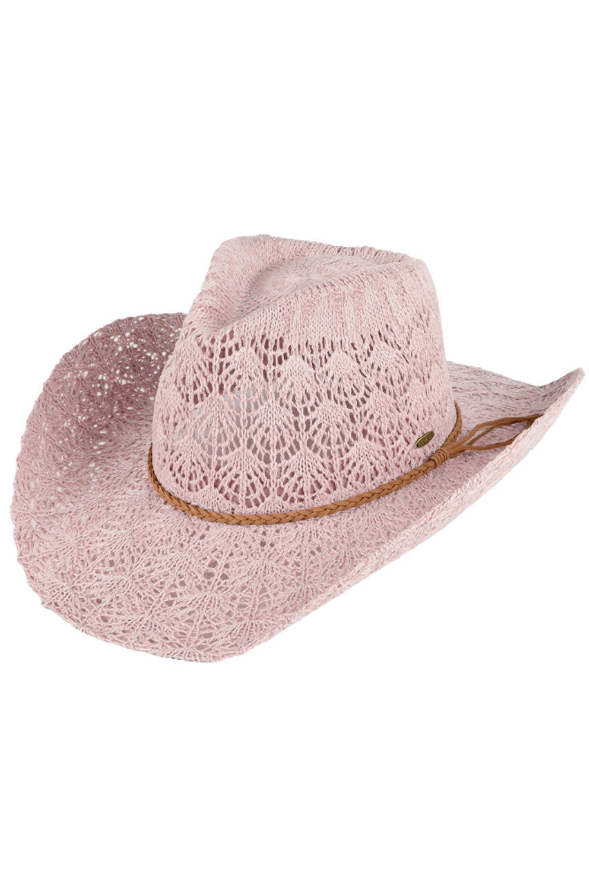 DustyRose C.C. Horseshoe Lace Knitting Cowboy Hat is expertly crafted with intricate lace details and a classic western design. Made with high-quality materials, it offers both style and functionality, perfect for any outdoor adventure. Keep the sun out of your eyes while adding a touch of elegance to your outfit.