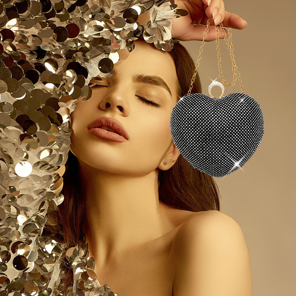 Madeline Love Black Rhinestone Embellished Heart Evening Clutch Crossbody Bag - Bags & Wallets