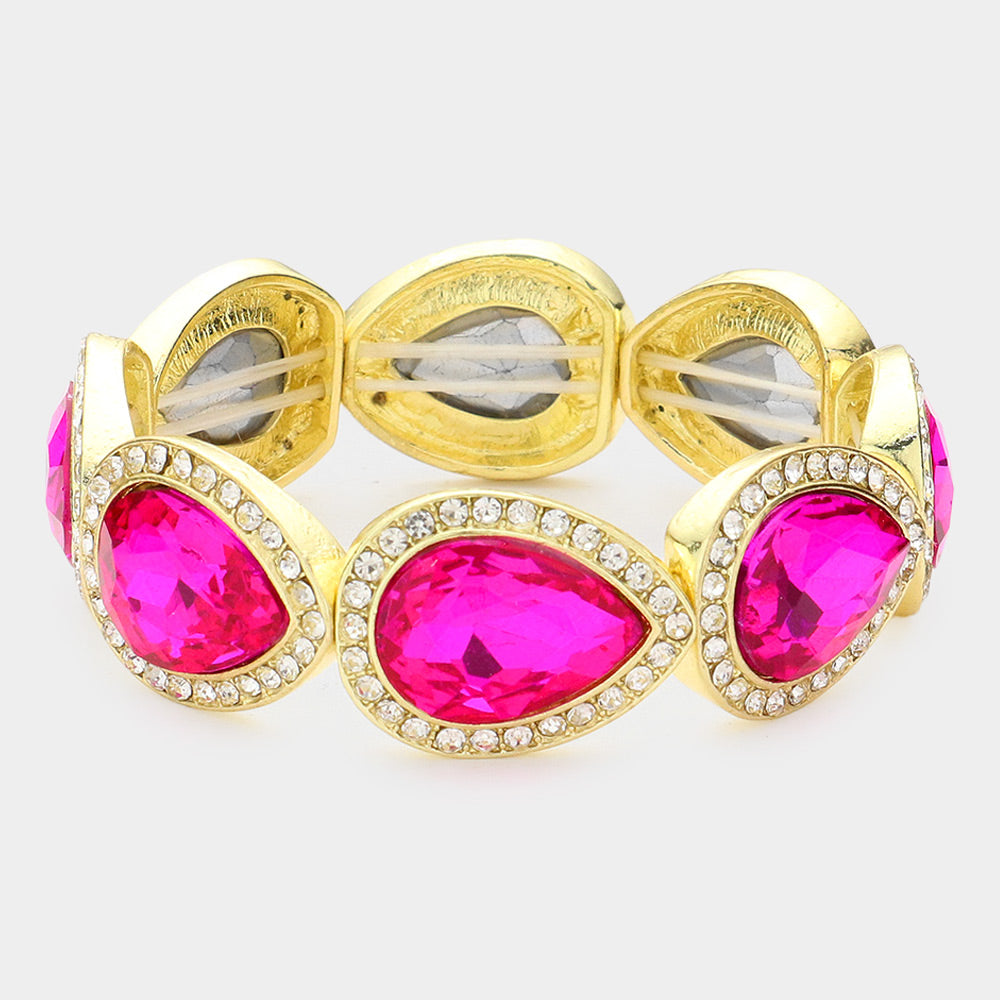 Madeline Love Fuchsia Rhinestone Trim Teardrop Crystal Stretch Evening Bracelet - Bracelets