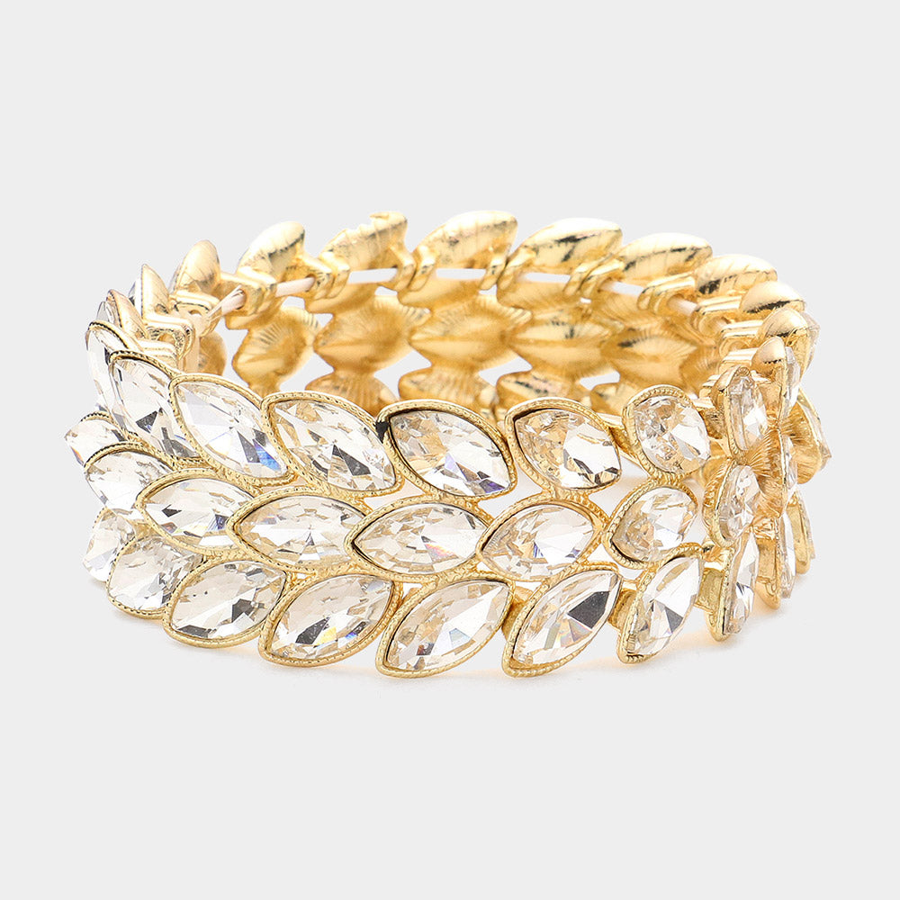 Madeline Love Clear, Gold 3Rows Marquise Stone Cluster Stretch Evening Bracelet - Bracelets