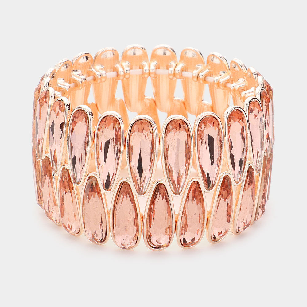 Madeline Love Peach, Rose Gold 2Rows Elongated Teardrop Stone Cluster Stretch Evening Bracelet - Bracelets