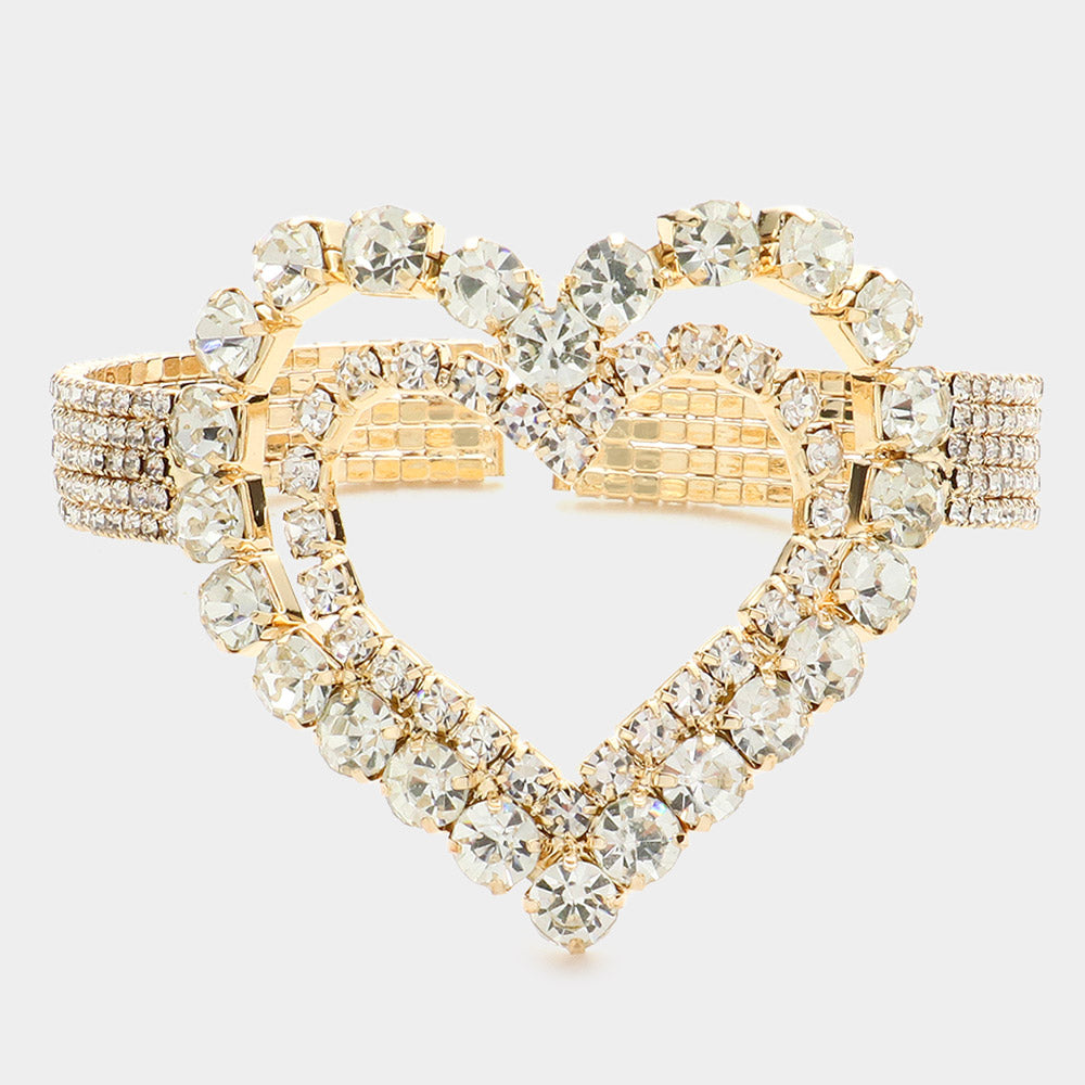 Stone Embellished Open Heart Cuff Evening Bracelet - Bracelets