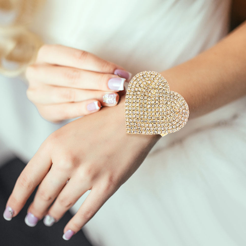 Rhinestone Pave Heart Adjustable Evening Bracelet
