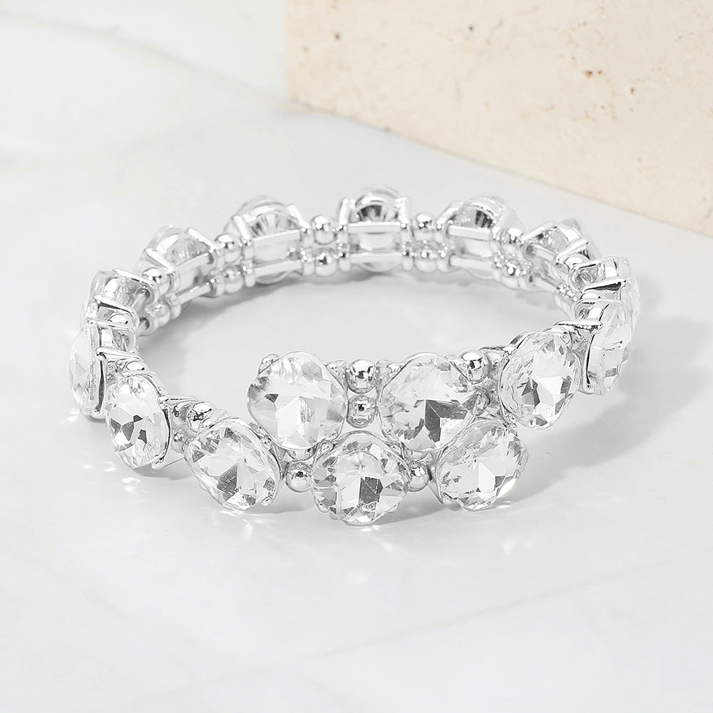 Madeline Love Clear, Silver Square Stone Cluster Link Adjustable Evening Bracelet - Bracelets