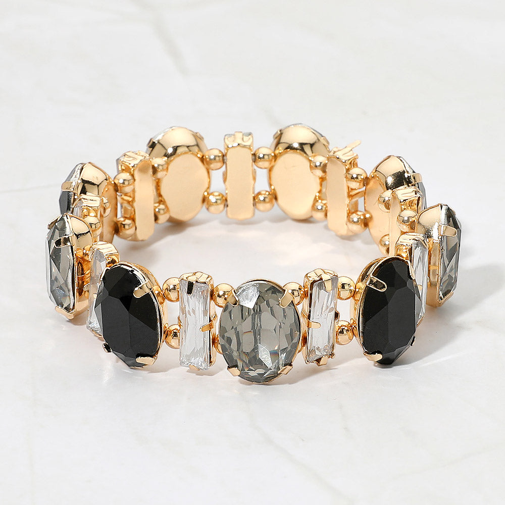 Madeline Love Black, Gold Faceted Gemstone Cluster Beaded Stretch Evening Bracelet