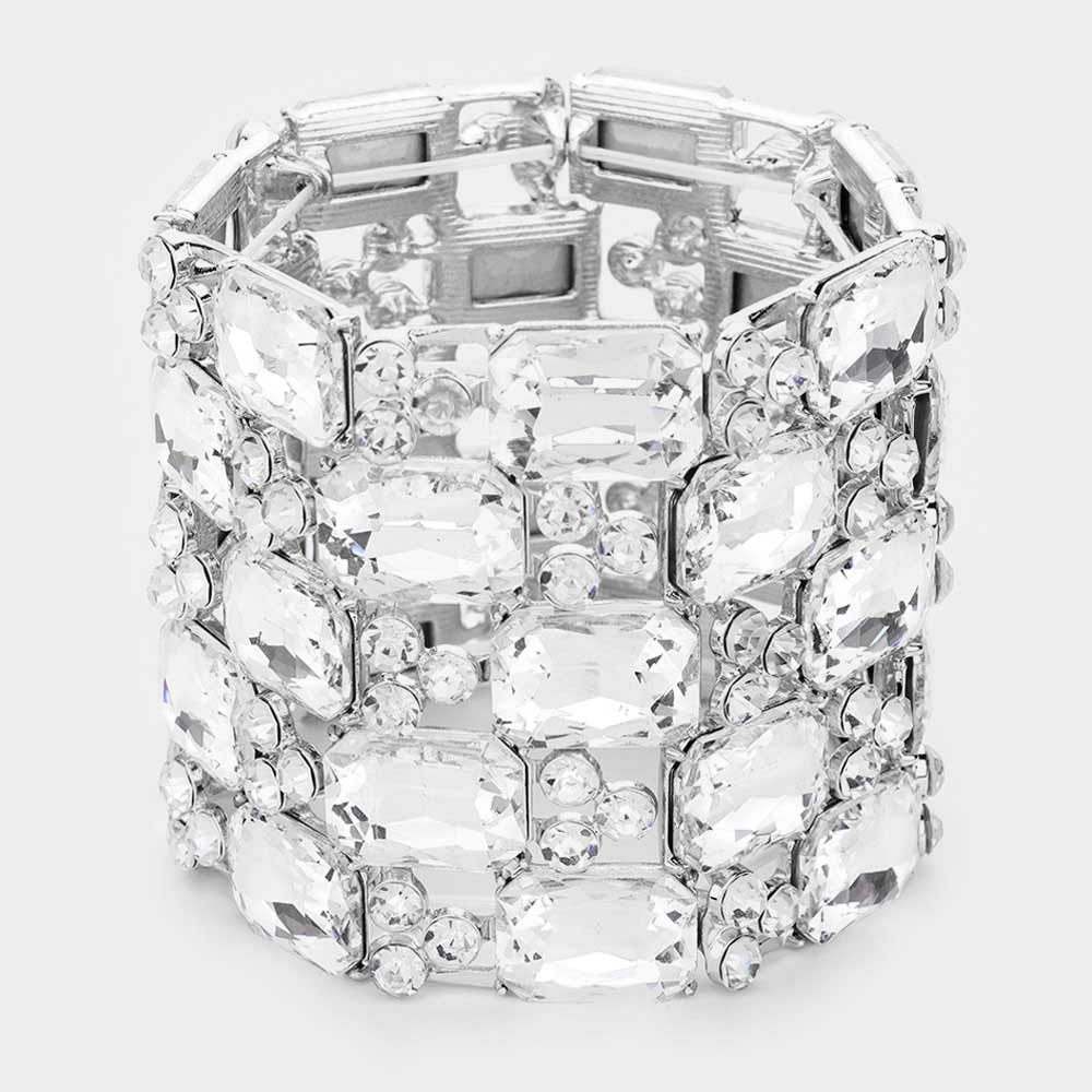 Madeline Love Clear, Silver Emerald Cut Crystal Stretch Evening Bracelet