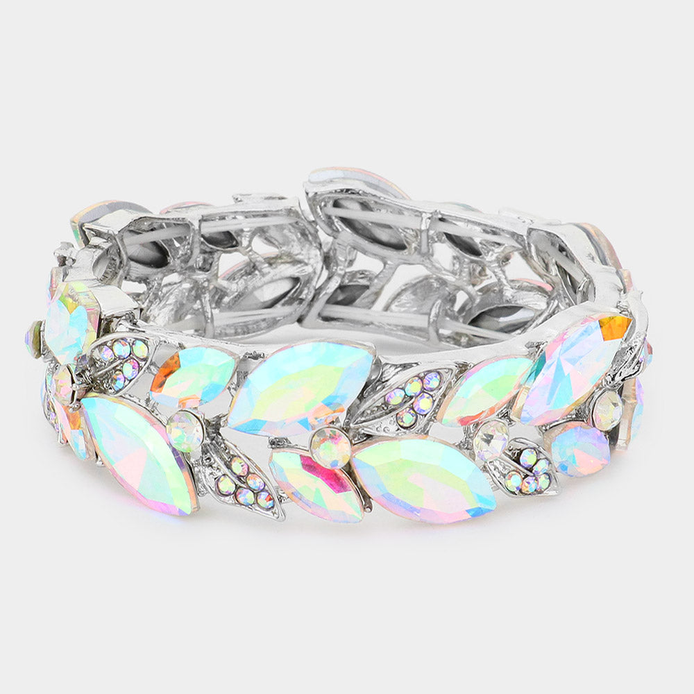 Madeline Love AB, Silver Marquise Stone Accented Leaf Cluster Stretch Evening Bracelet