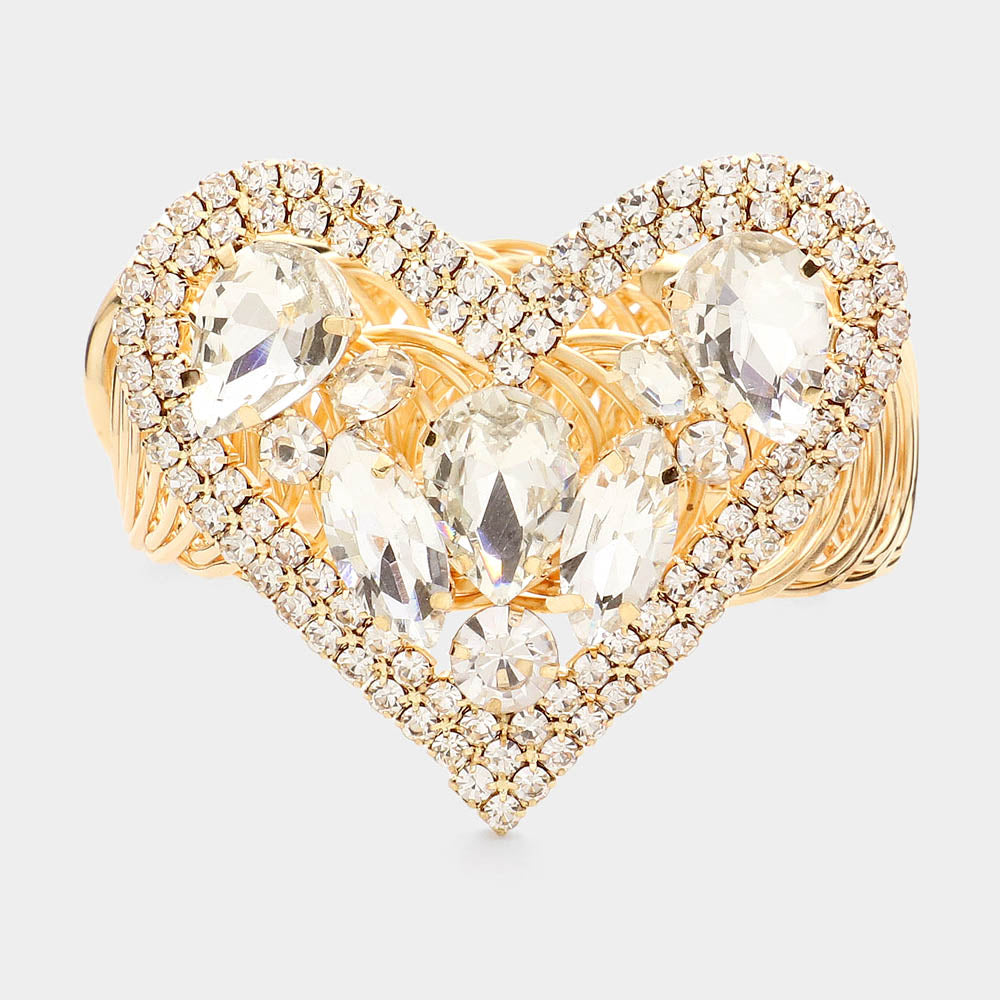 Madeline Love Clear, Gold Marquise Teardrop Stone Cluster Embellished Rhinestone Paved Heart Pointed Adjustable Evening Bracelet / Arm Cuff - Body Jewelry