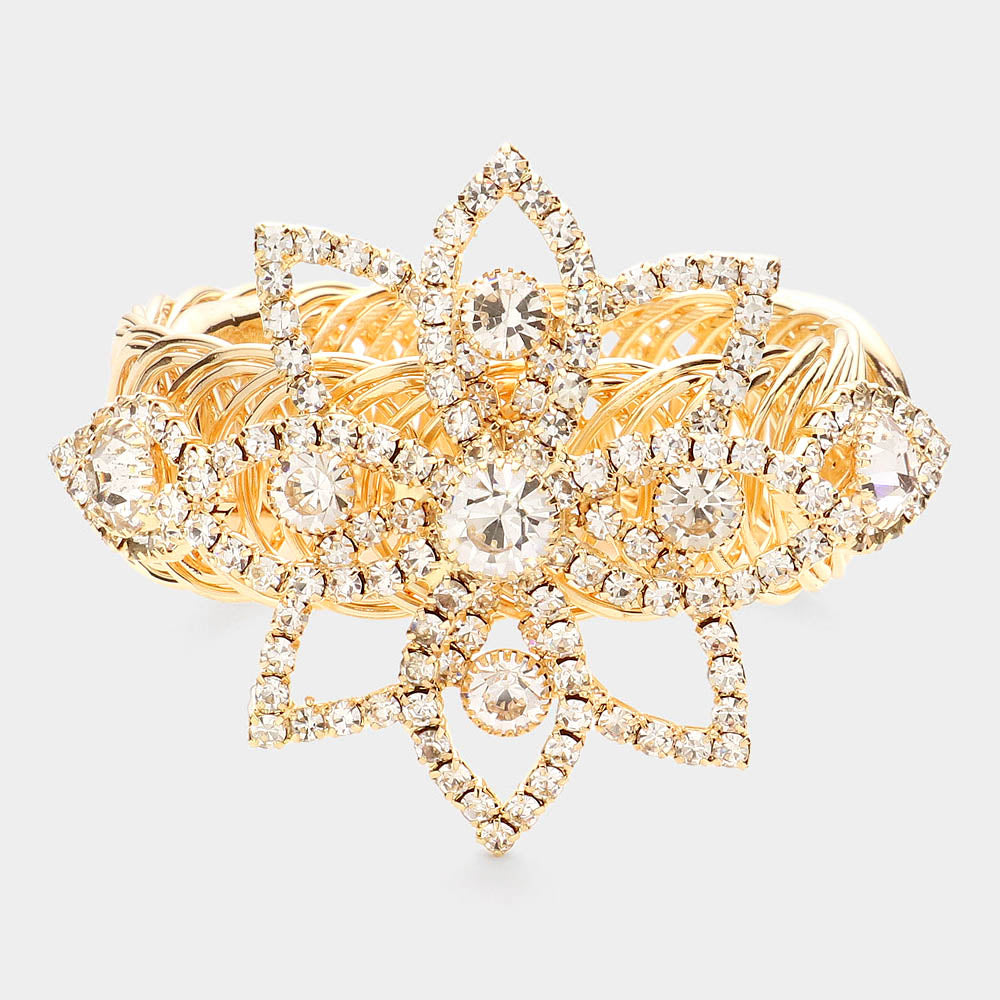 Madeline Love Clear, Gold Round Stone Pointed Rhinestone Paved Flower Adjustable Evening Bracelet / Arm Cuff - Body Jewelry