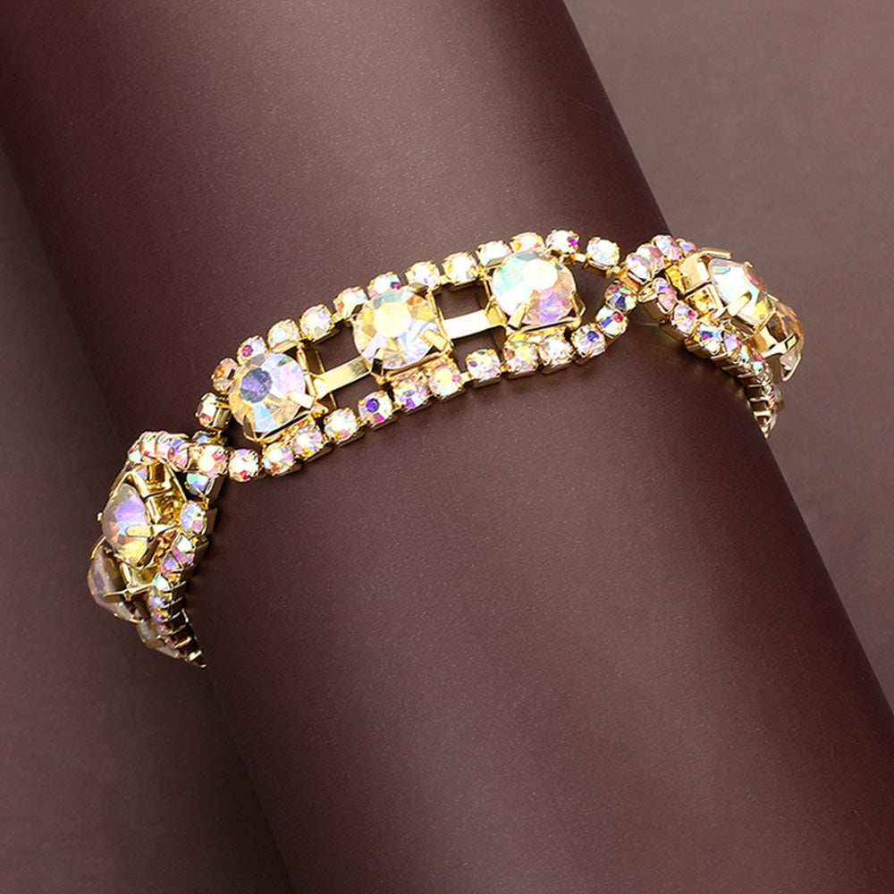 Madeline Love AB, Gold Round Glass Crystal Rhinestone Evening Bracelet
