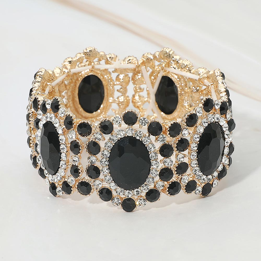 Madeline Love Gold, Jet Black Oval Stone Accented Link Stretch Evening Bracelet