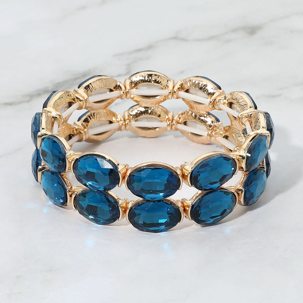 Madeline Love Blue Zircon, Gold Double Row Oval Faceted Crystal Stretch Bracelet