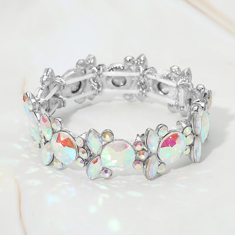 Madeline Love AB, Rhodium Floral Faceted Glass Stone Cluster Beaded Stretch Evening Bracelet