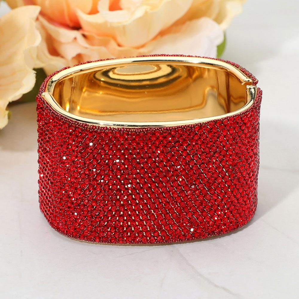 Madeline Love Gold, Red Wide Rhinestone Paved Hinged Evening Bangle Bracelet