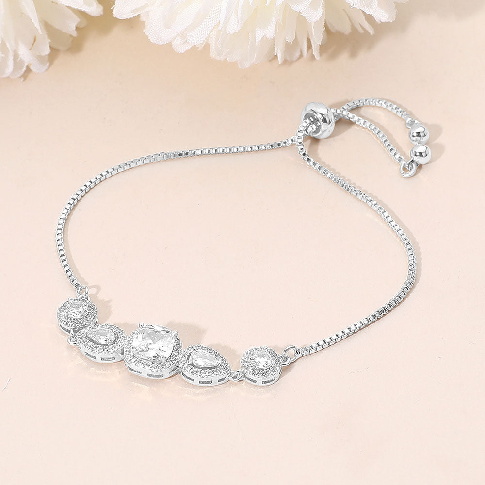 Madeline Love Clear, Silver Square CZ Cushion Center Teardrop Round Stone Link Adjustable Evening Bracelet - Bracelets