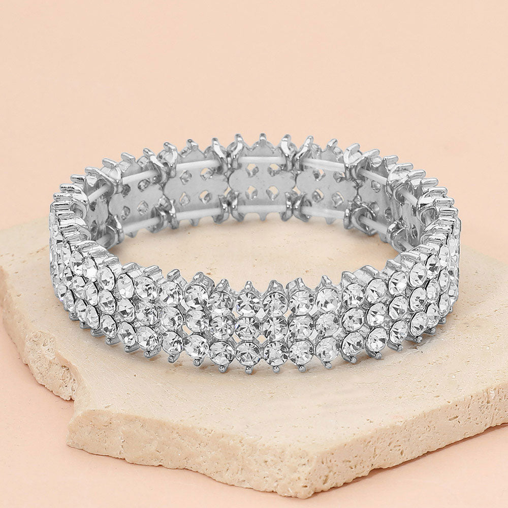 Madeline Love Clear, Silver Triple Row Crystal Stretch Evening Bracelet