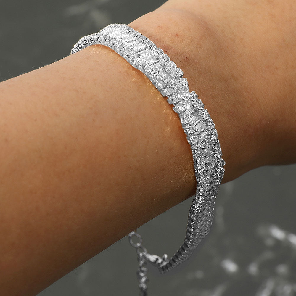 Madeline Love Clear, Silver Baguette CZ Stone Embellished Evening Bracelet - Bracelets - extra