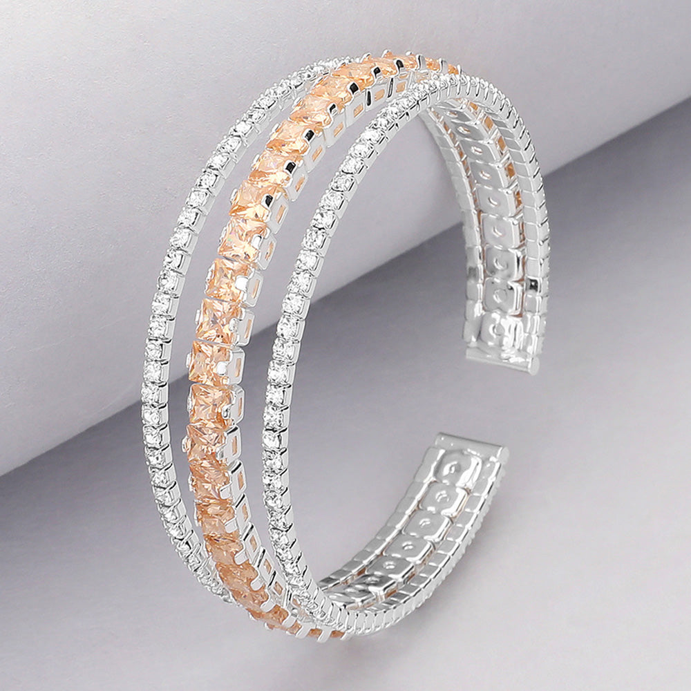 Madeline Love Clear, Lt Col Topaz, Silver Square Cut CZ Stone Accented Split Evening Bracelet - Bracelets