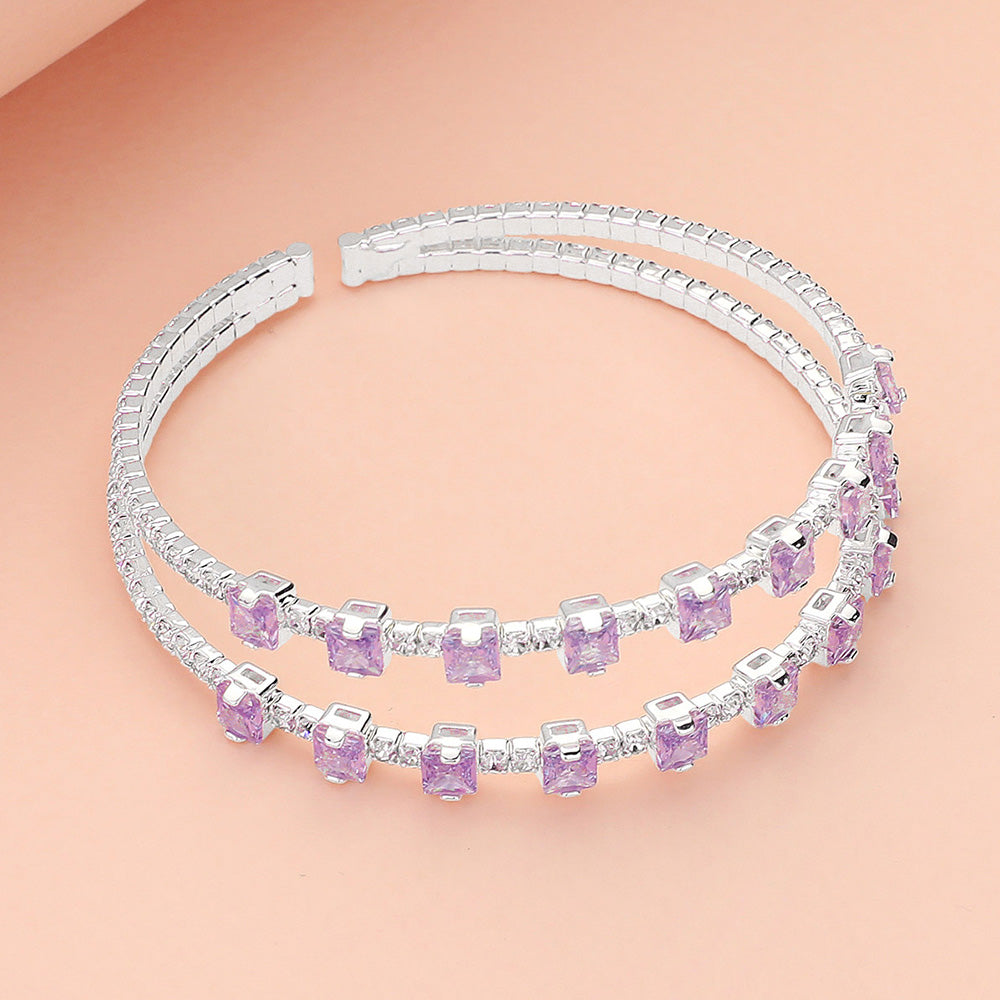 Madeline Love Silver, Violet Square CZ Stone Cluster Accented Split Adjustable Evening Bracelet - Bracelets