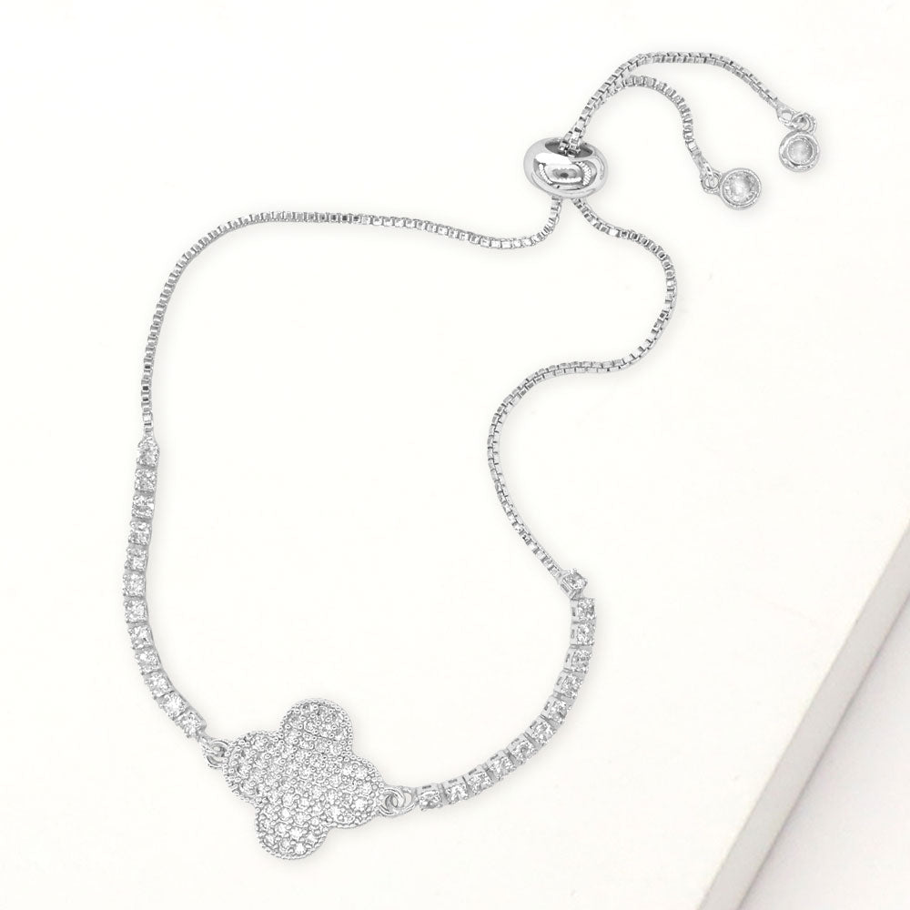 Madeline Love Clear, Silver CZ Stone Paved Quatrefoil Accent Pull Tie Adjustable Bracelet - Bracelets