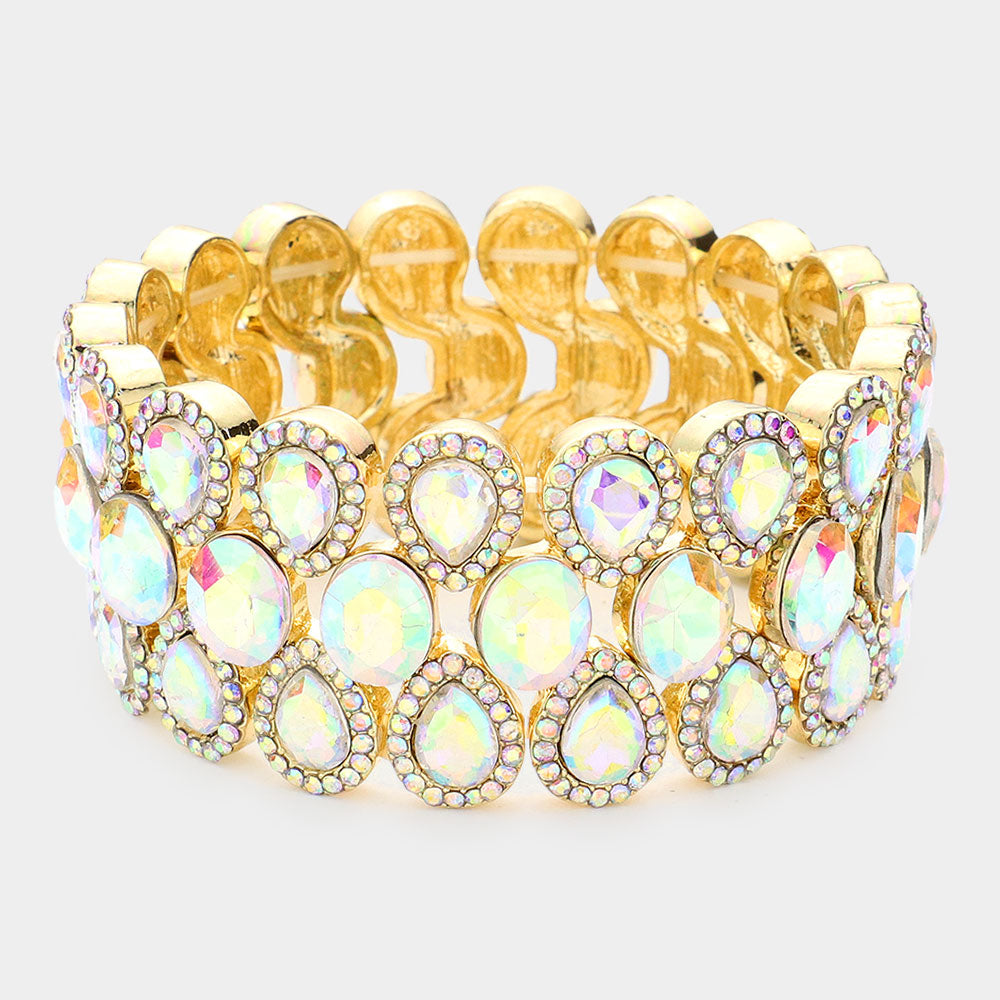 Madeline Love AB, Gold 3Rows Glass Crystal Stretch Evening Bracelet
